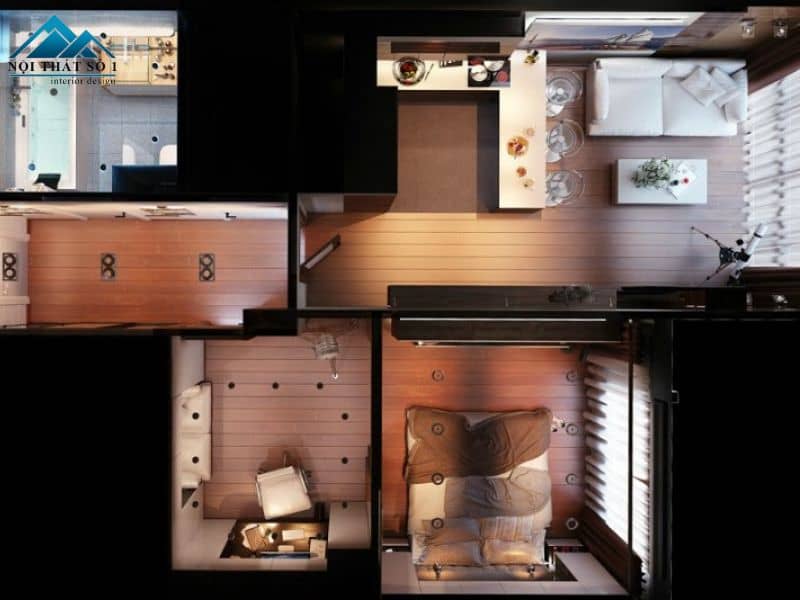 bản vẽ thiết kế nội thất chung cư 2 phòng ngủ hiện đại.